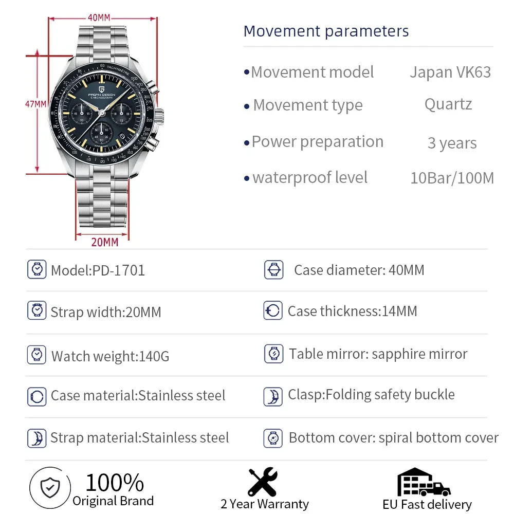 PAGANI DESIGN Watch Moon Retro Quartz Stainless Steel Luminous Sport Chronograph Man thumbnail 6