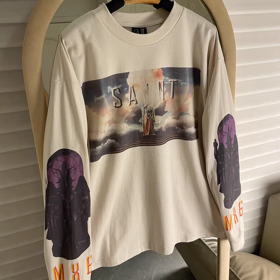 

Новая футболка SAINT с длинными рукавами PICTURES с принтом Иисуса для мужчин и женщин, футболка большого размера высокого качества, футболки
