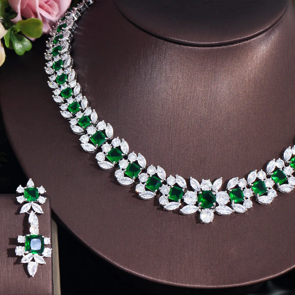 CWWZircons Luxurious Elegant Green Cubic Zirconia Big Women Wedding Event Costume Necklace Earrings Jewelry Sets for Brides T716