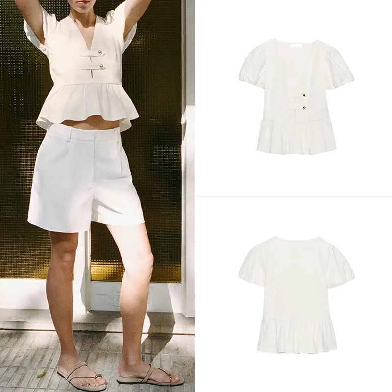 

Women's V-neck Bubble Sleeve Short Dress Shirt Summer 2026 Commute Style Regular Fit Long Sleeve Short Skirt Design