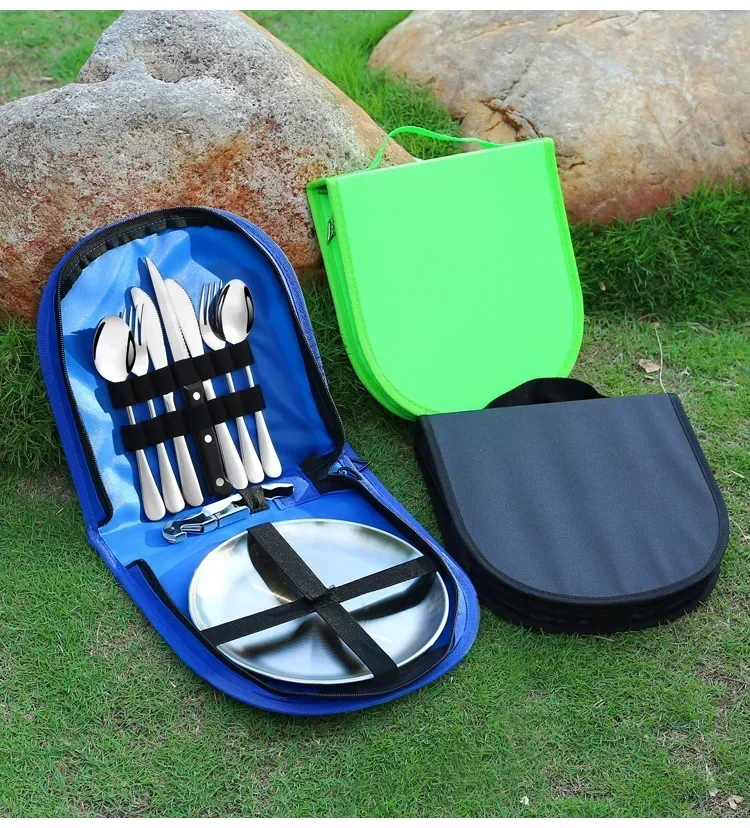 Camping Tableware Set Stainless Steel Picnic Cutlery Steak Knife Cutlery Set Picnic Cloth Plate Kit Portable Camping Cutlery Set