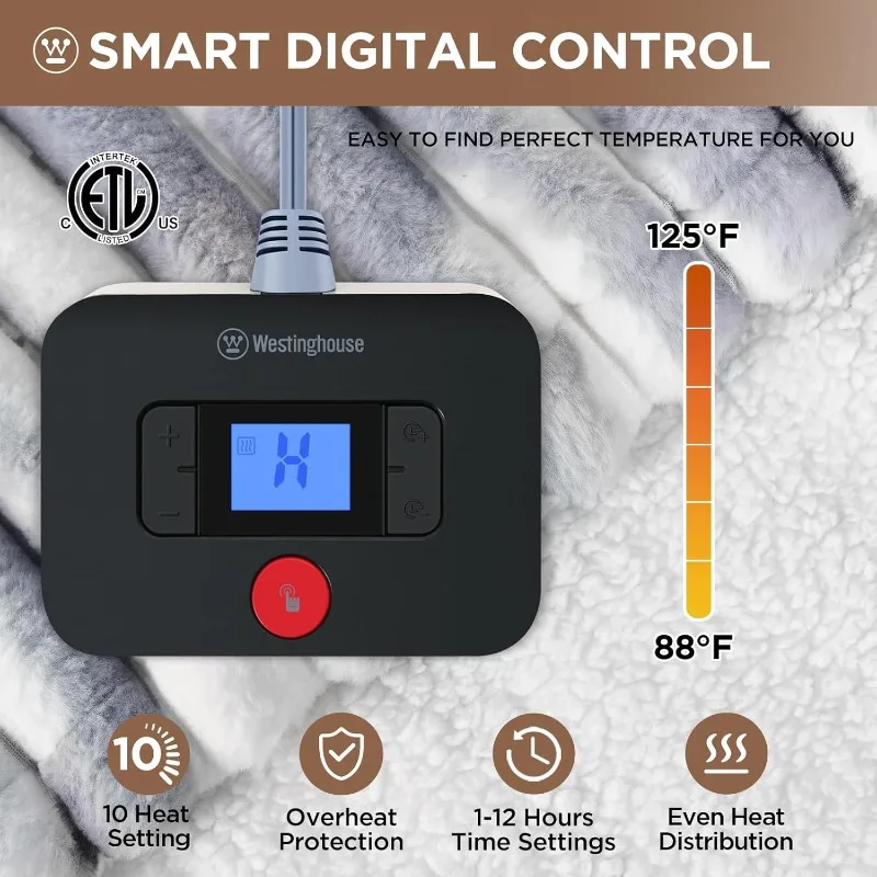 Westinghouse Electric Blanket Queen Size, Soft Luxury Faux Fur & Sherpa Heated Blanket with 10 Heating Levels & 1-12 Hours Auto