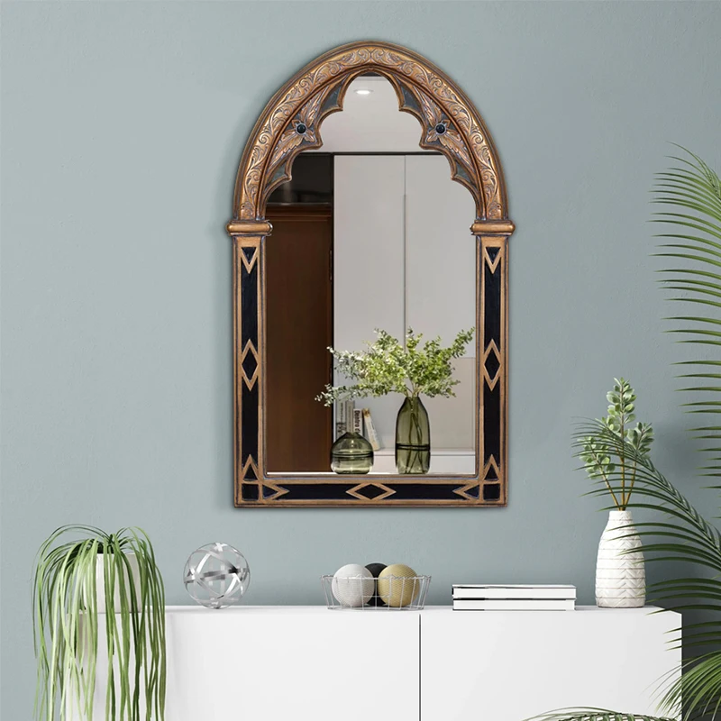 Black makeup decorative mirrors, fireplace, and bathroom are installed neatly