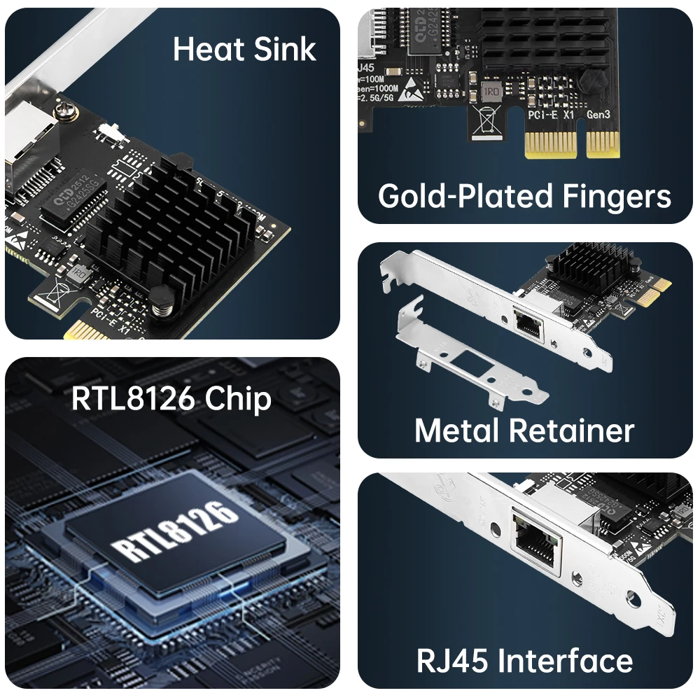RTL8126 Chip 5G Gigabit LAN PCIe To RJ45 PCI Express Network Card 100/1000/2500/5000M Gigabit Ethernet Adapter For PC Win10/11