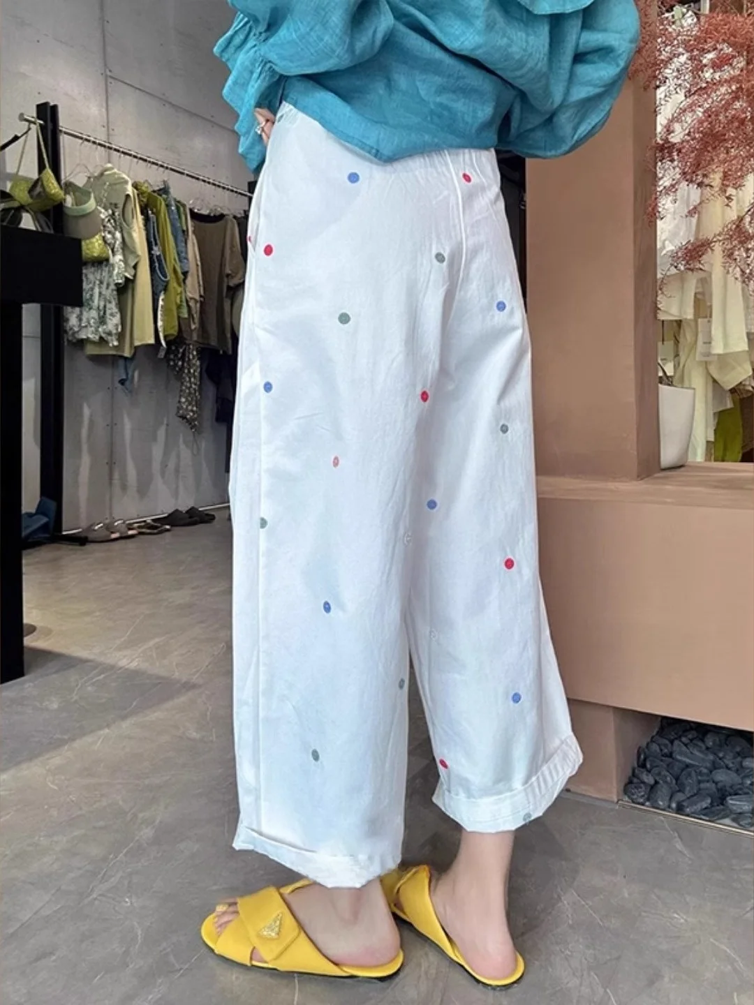 Spodnie damskie z wysokim stanem i szerokimi nogawkami, letnie, cienkie, bawełniane, w kropki, z haftem, codzienne i spodnie dla mamy, retro, eleganckie spodnie do pracy.