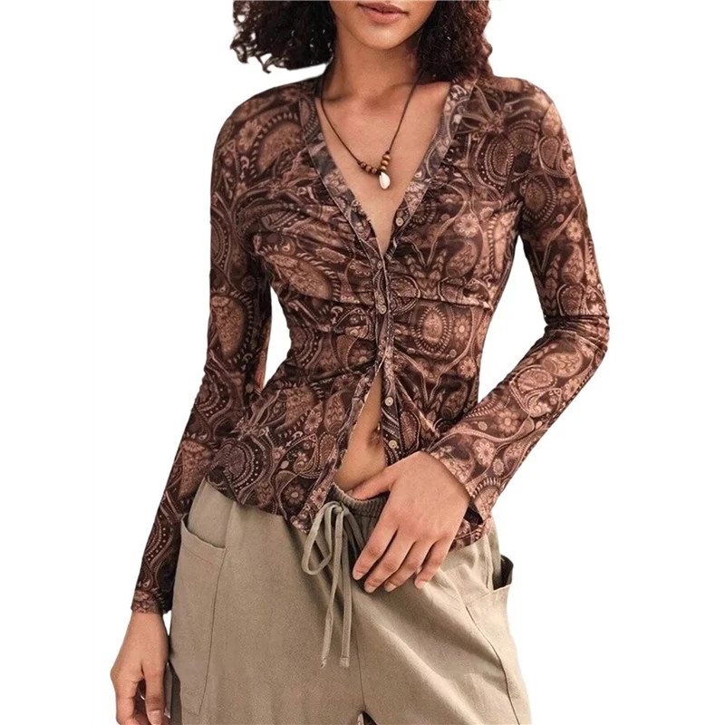 

AOAO-Women's Sheer Mesh Long Sleeve Tops Print Button Down Ruched Y2k Blouse Shirts