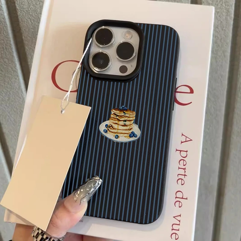 Blueberry Cake Stripes Pattern Lychee Texture Silicone Phone Case For iPhone 11 12 13 14 15 16 17 Pro Max 15 Plus Air Soft Cover
