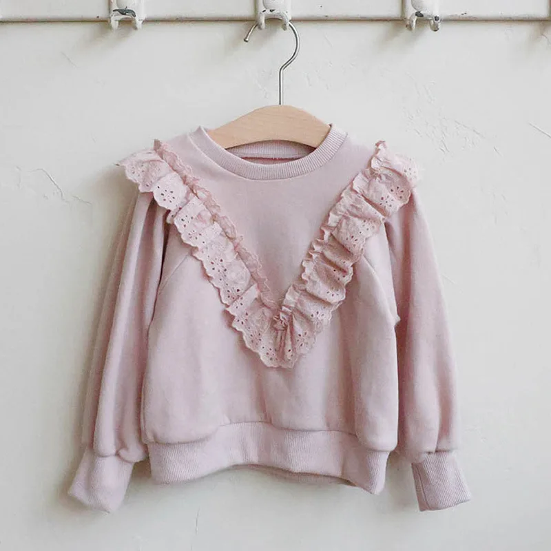 

Осень 2024, модная свободная толстовка с вышитой кружевной отделкой для девочек, круглым вырезом и длинными рукавами, свободные спортивные спортивные штаны