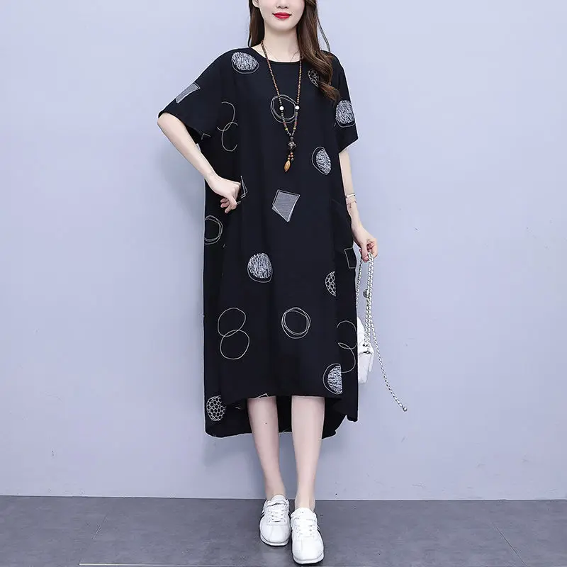 Fashion Women\'s Clothing Casual Pockets Spliced Printing Dresses Summer Loose All-match Round Neck Asymmetrical Dress Female