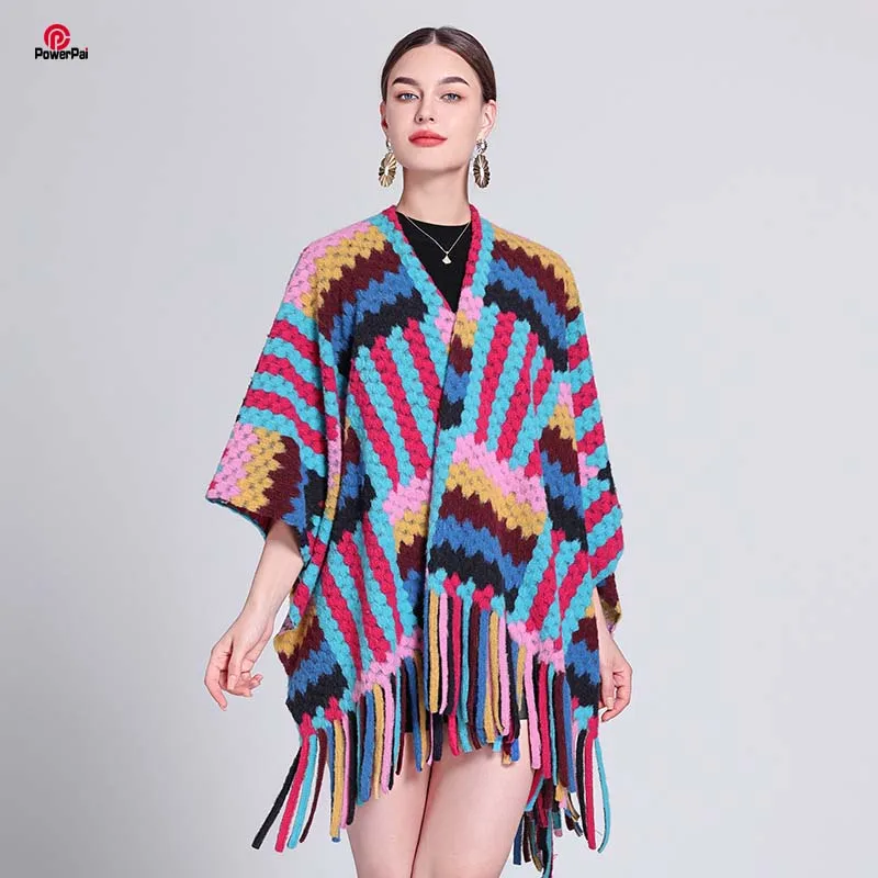 

2023 Autumn Winter New Color Stripes Knit Wool Cape Shawl Women Cardigan Wraps Cloak Long Tassels Fashion Novelty