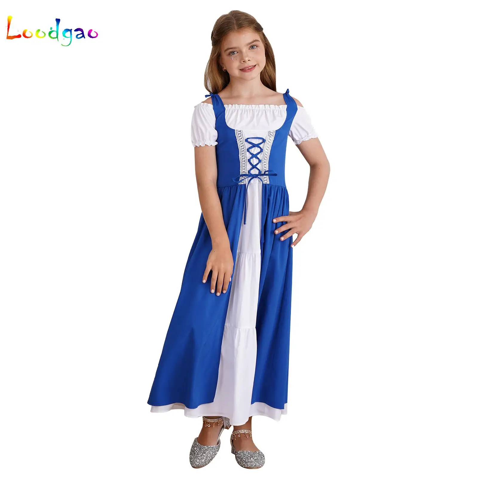 

Girls Dress Historical Cosplay Costumes Medieval Renaissance Gown Short Sleeve Robe Victorian Maxi Dress Halloween Performance