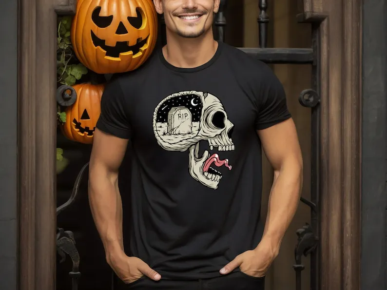 Gothic Skull Graphic T-Shirt: Spooky Halloween Season Shirt cotton Vintage round neck Men Women Streetwear Tees Short Sleeve