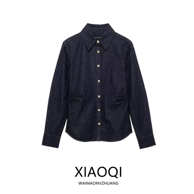 Primavera 2025 Faion da donna sciolto lungo Sve Denim irt dettaglio pieghettato Versatile Sle Nuovo arrivo 526047