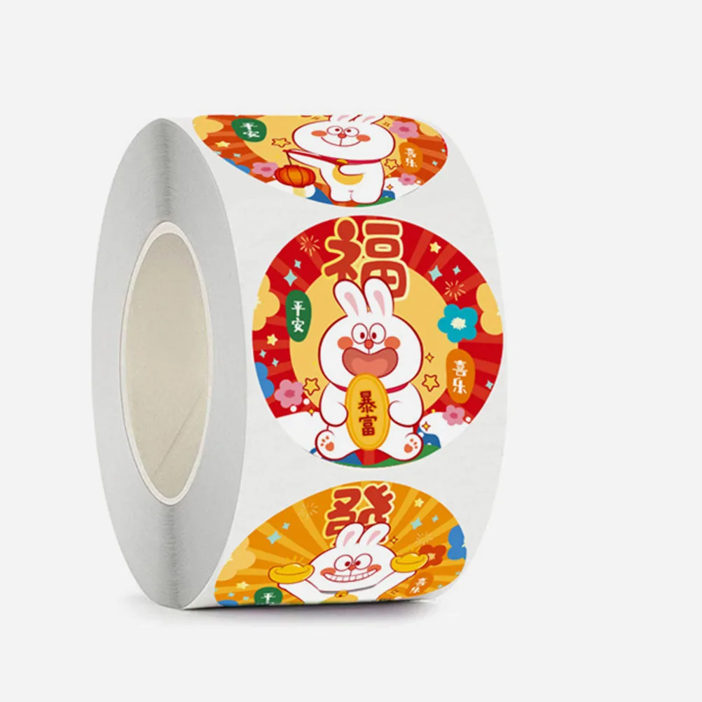 

4 Rolls New Year Stickers Round Happy Rabbit for Envelopes of Lunar Bunny Decoration Years Eve