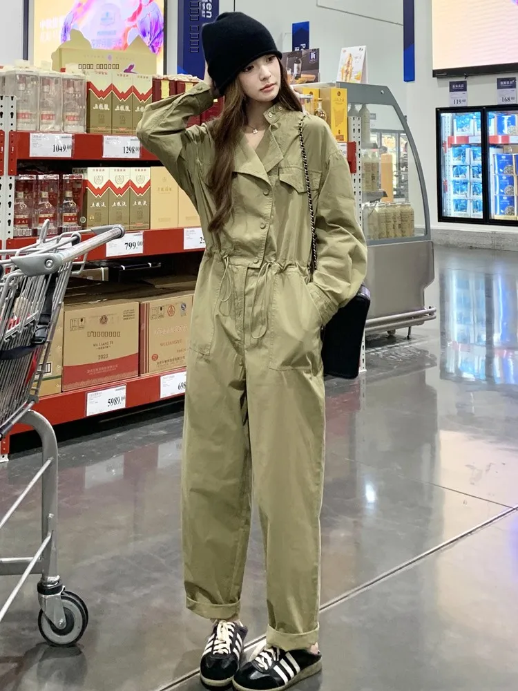 카키색 작업복 바지 여성용 루즈 캐주얼 디자인 봄 신상 한국 스타일 하이웨이스트 롱 팬츠 출퇴근 패션