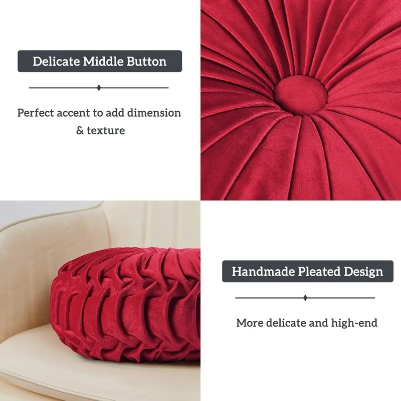 Classy Accent Vintage Velvet Round Pleated Throw Pillow with Center Button Pumpkin Christmas Red Gift Decorative Floor Pillow