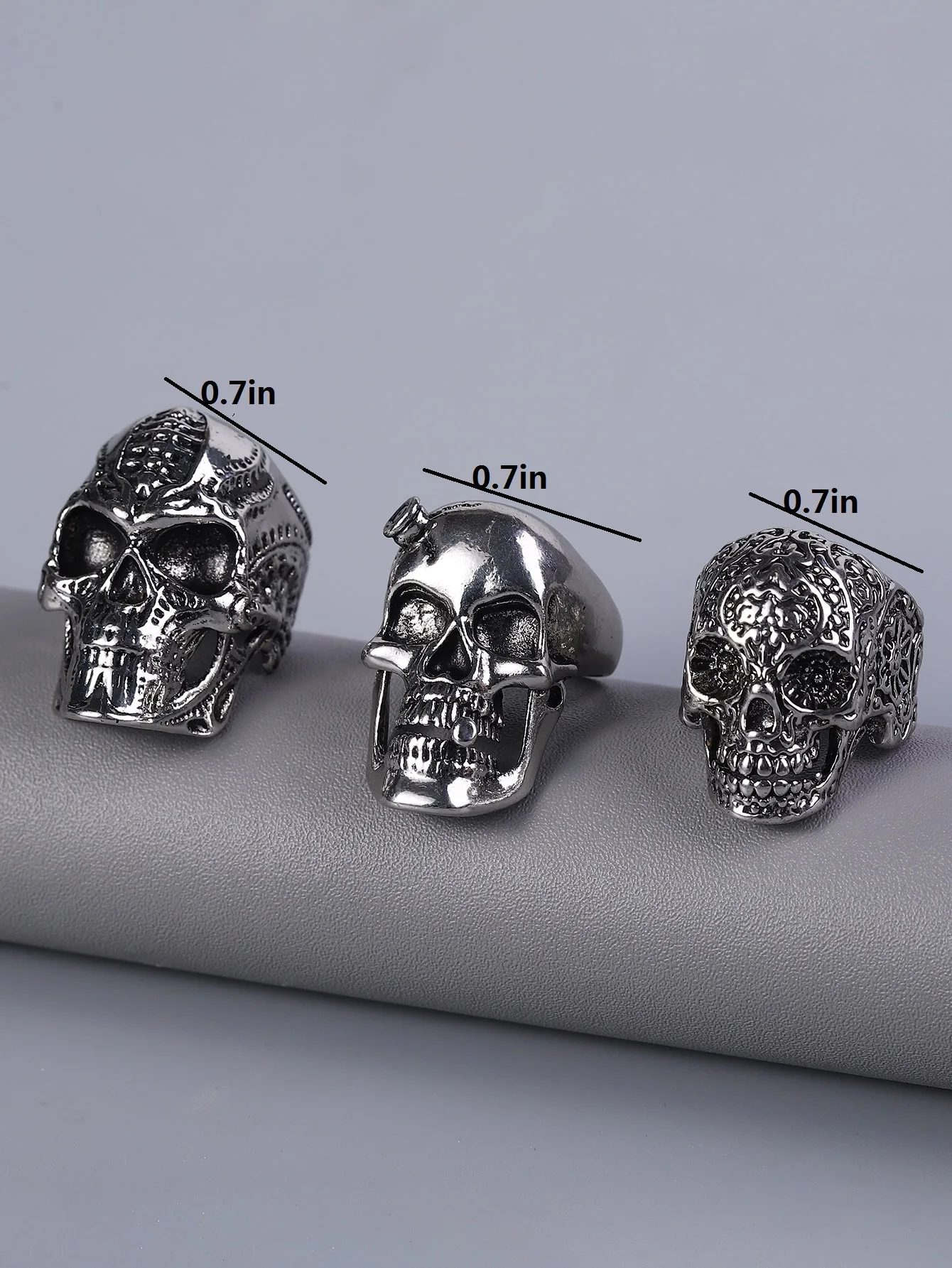 3pcs hip-hop punk style skull head men's ring set with street trend accessories