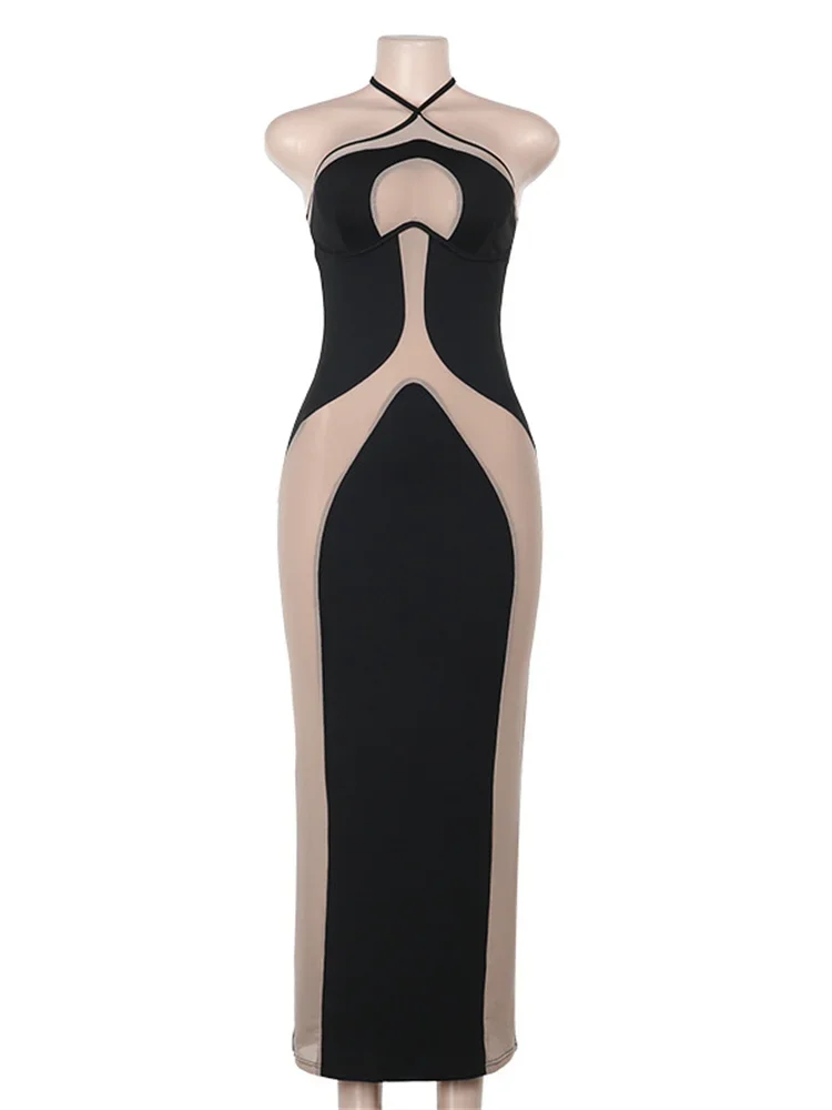 Robe en maille Patchwork pour femmes, col licou, dos nu, sans manches, slim, minuit, élégante, contraste, Chic, longue, moulante