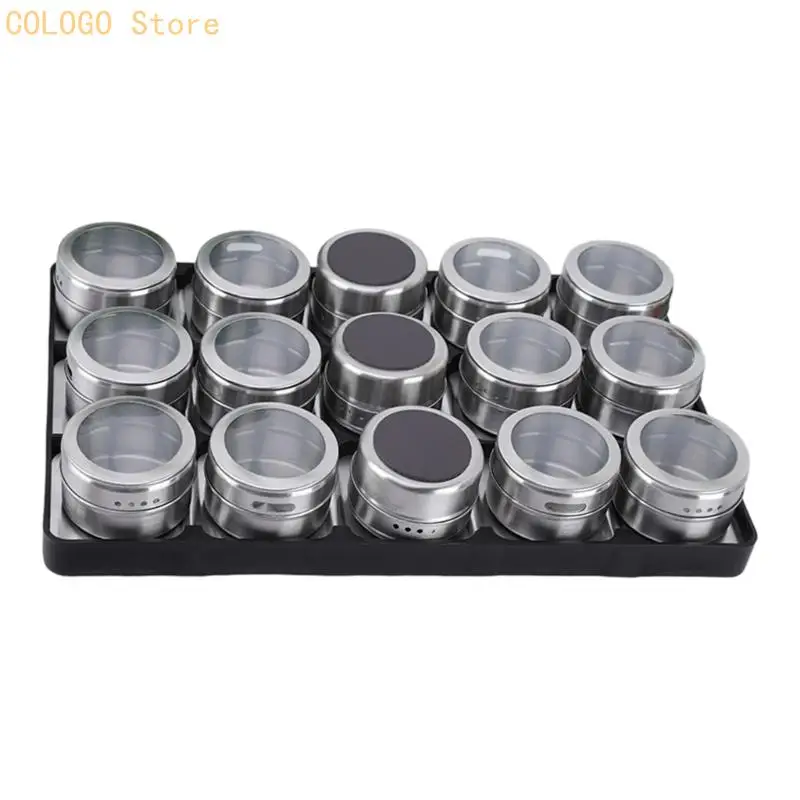 Seasoning Canister Set with Base Rack and Clear Top, 15 Piece Metal Storage Set for Home Cooking, Table Service, Cookout Use