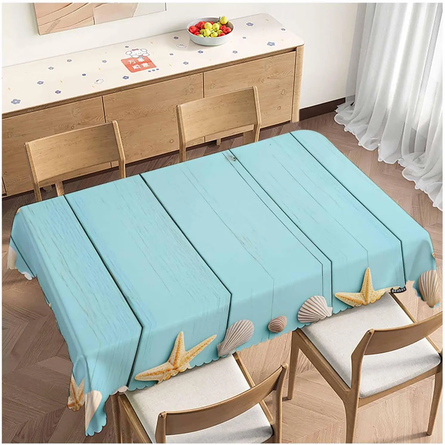 Beach Nautical Starfish Seashell Tablecloth Table Cover Aqua Blue Coastal Linen Dining Table Runner Kitchen Decor for Dinner Par