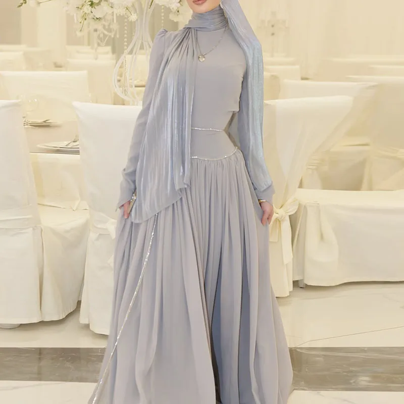 Perlenverziertes Seiden-Crinkle-Hijab-Kleid Lässiges Langarm-Schultertuch Schlichtes Muslimisches Gewand Damenmode Drapiertes Maxikleid