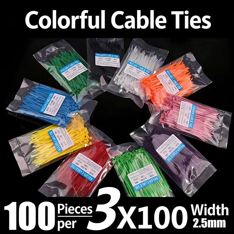 100pcs 3x100mm Nylon Cable Ties, 2.5mm Wide Self-Locking Zip Ties, Colorful Wire Management Straps for Home Office