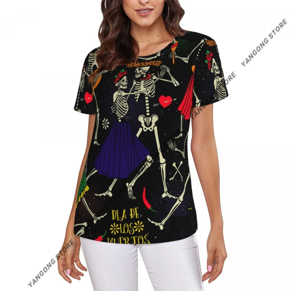 Casual Summer Woman Skinny Fit T-shirt Tight Short-Sleeve O-neck Tee Basic Day Of The Dead The Skeleton Dance T Shirt