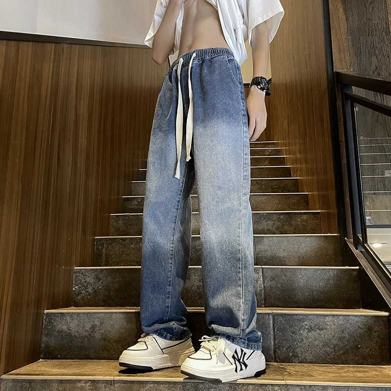 

aduated adient Loose Straight Leg American Street Sle Men's Jeans Summer Casual High Waist Vintage Long Trousers