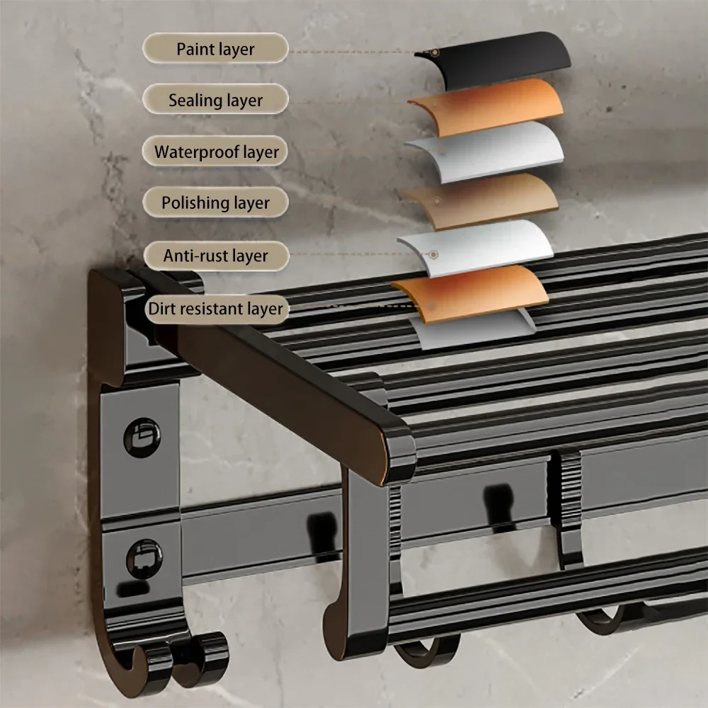 Imagem -02 - Espaço de Alumínio Toalheiro Móvel Gancho Titular Montagem na Parede Prateleira Chuveiro Ferroviário Preto Fosco Cabide com Barra Dobrável Acessórios do Banheiro