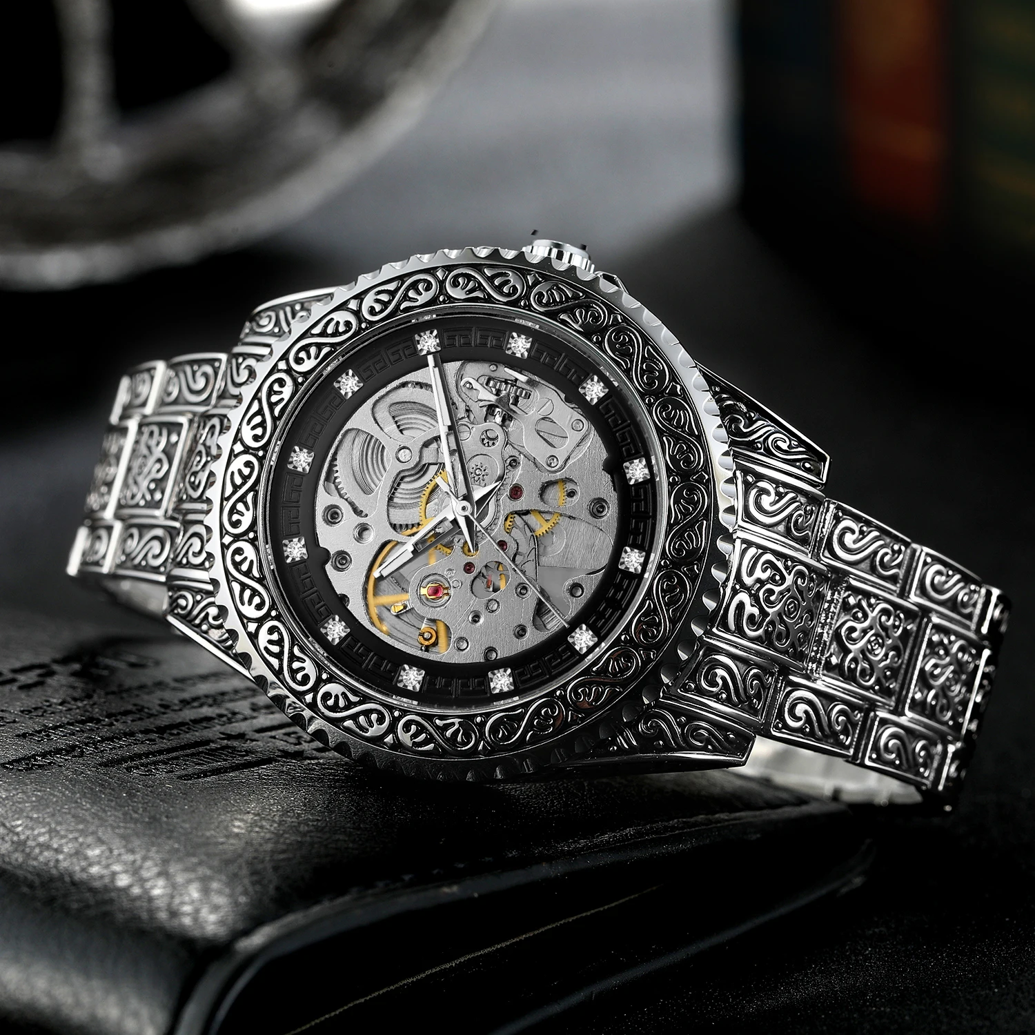 FORSINING Retro Carving Herren Skeleton Automatische Mechanische Uhren Coole Strass Silbrig Vintage Edelstahl Mode Uhr