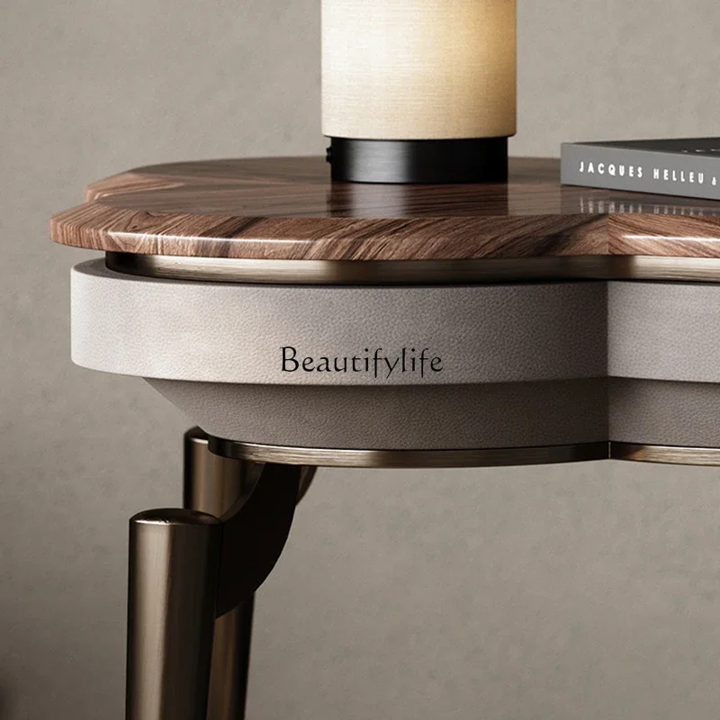 pg45Italian light luxury edge table high-end black walnut round corner table