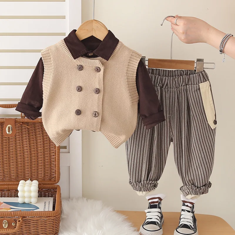 2026 Boys Autumn Outfit Set Toddler Fall Knitted Vest Haram Pants Shirt Three-piece Suit Causal Formal Party School Uniform Sets