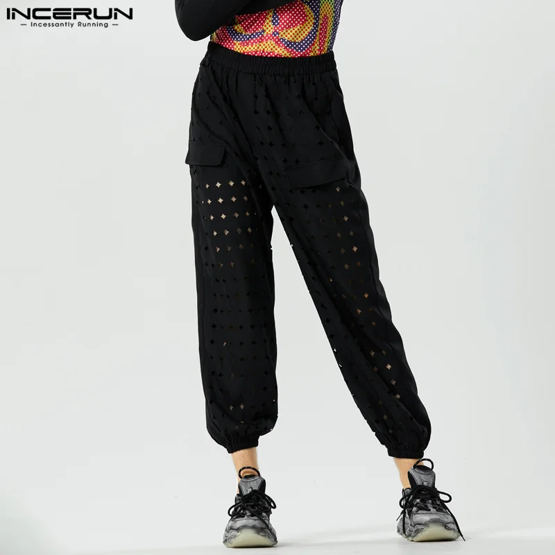 

Stylish Well Fitting Trousers INCERUN New Mens Fashion Hollow Star Mesh Design Pantalons Casual Streetwear Male Long Pants S-5XL