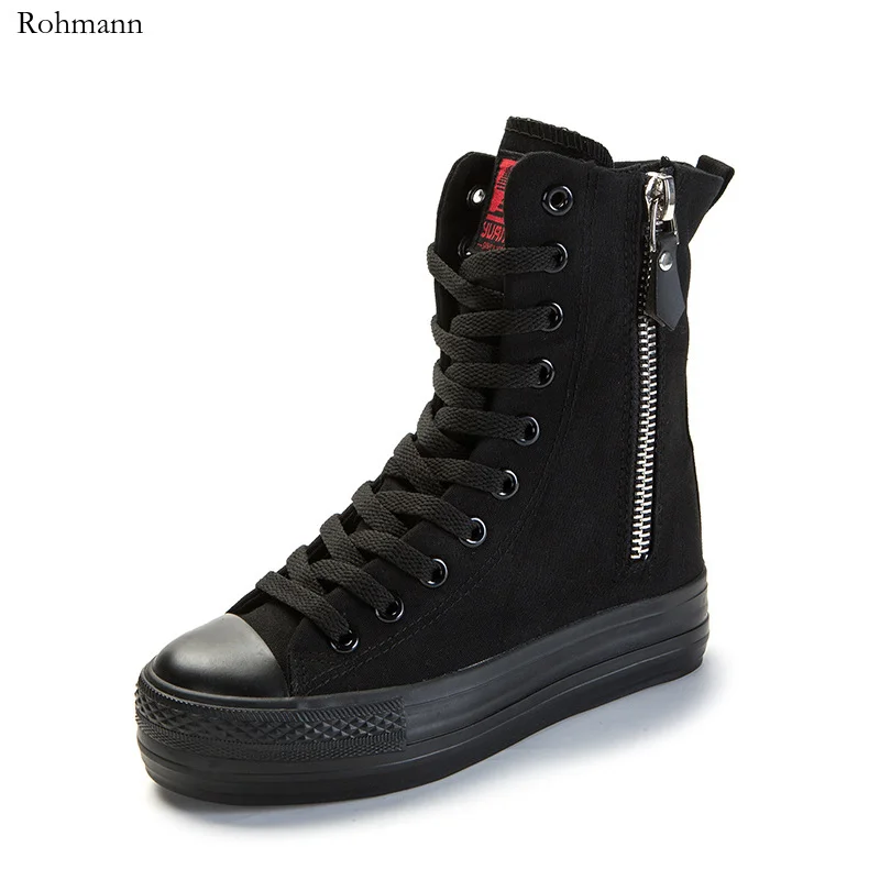 2024 New High-Top All Black Side Zip Canvas Student Shoes Platform Sneakers