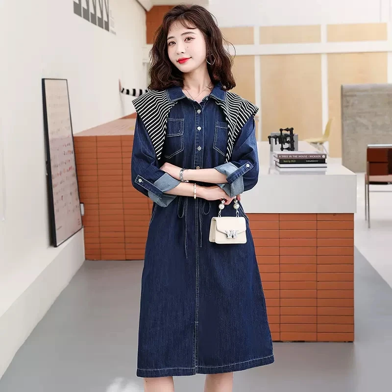 

2024 New Denim Dress Female Casual New Autumn Spring Fashion Temperament Long Retro Long Sleeve Denim Dress Womens