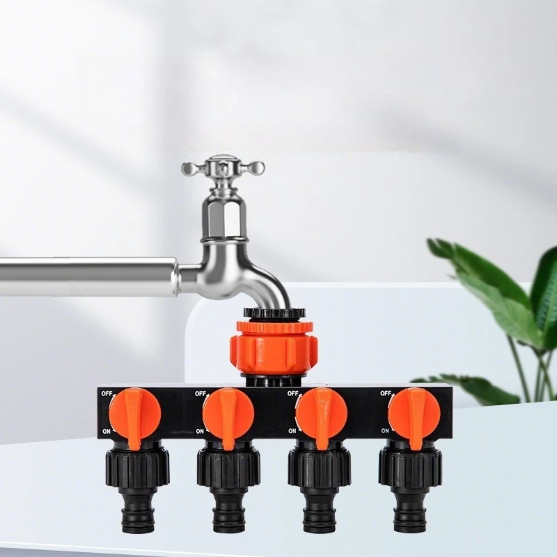 4-Way Water Tap Splitter with Switch 1 in 4 Out Water Distributor Quick Connect Nipple Hose Connector