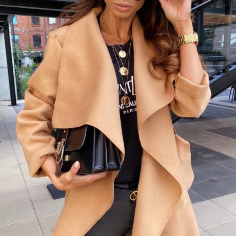 

European and American Autumn and Winter Fashion Solid Color Lapel Long-sleeved Tie Cardigan Woolen Coat Women's Clothing