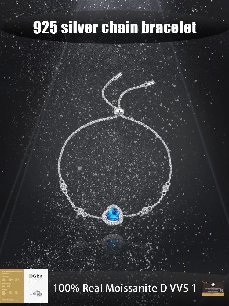 

Bracelets en argent Moissanite Bracelet 925 Sterling Silver Royal Blue Moissanite Love Bracelet Small Fresh Classic Jewelry