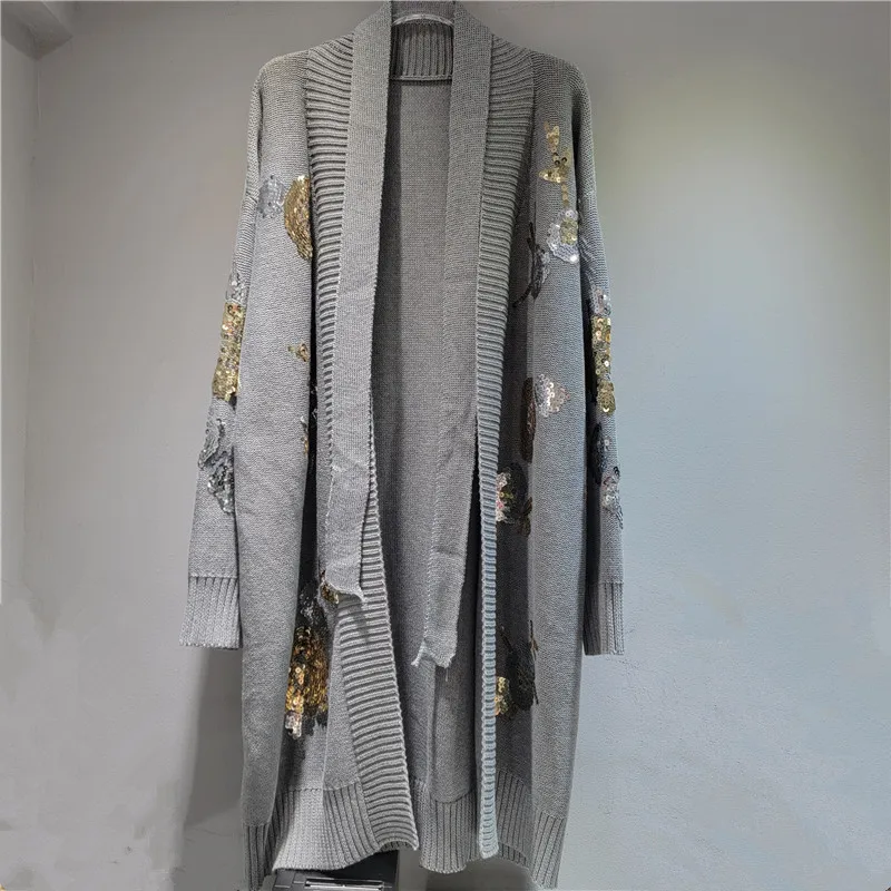 เสื้อคลุมคาร์ดิแกนถักไหมพรมยาวประดับดอกไม้ปักเลื่อมหรูหราสำหรับผู้หญิง พร้อมเสื้อคลุมไหมพรมคอวีประดับลูกปัดและเข็มขัด
