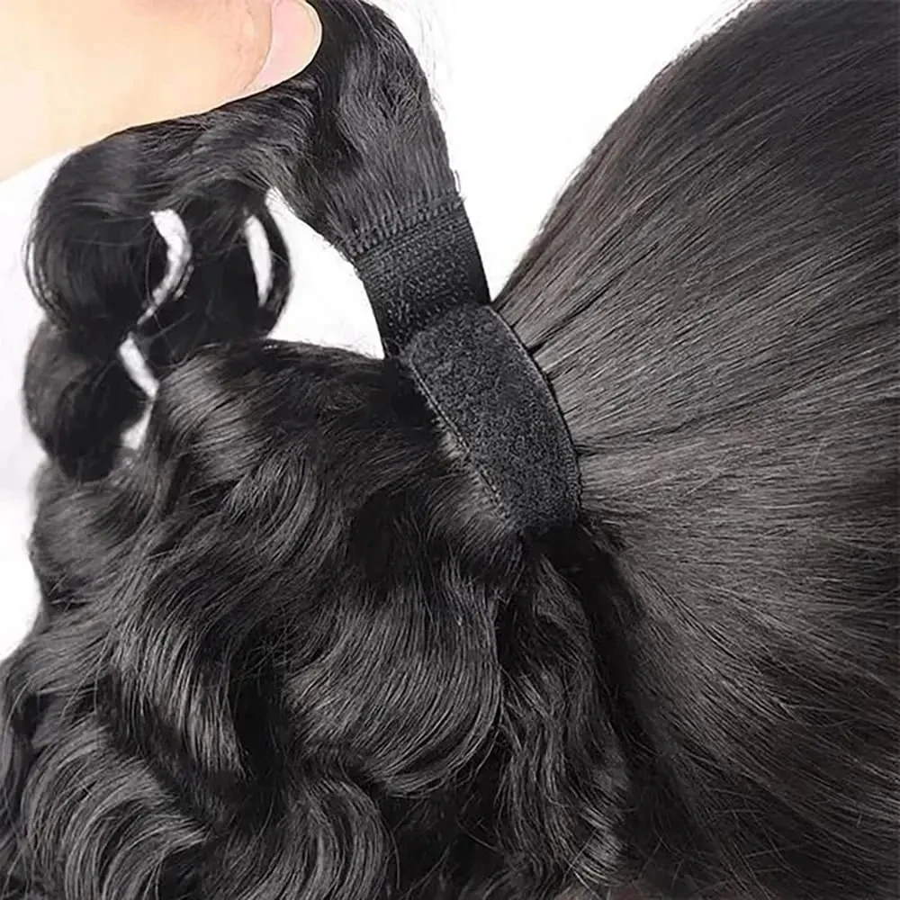 Coletas onduladas para mujer, Clips de cabello humano brasileño, extensión de cabello humano Remy, envoltura alrededor, ropa para la cabeza con cordón, postizo