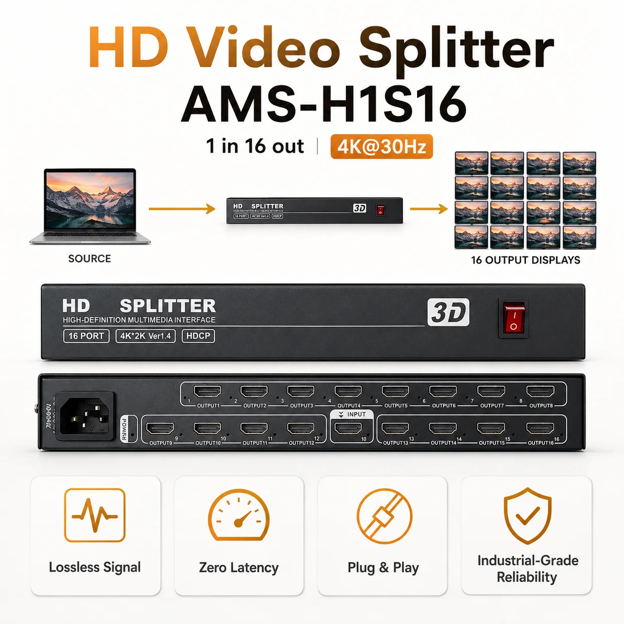 4K 1x16 HD Splitter 1 In 16 Out Port 3D Distributor For LCD Screen LED Display Video Splitter to PS3 PS4 XBOX PC To Monitor TV