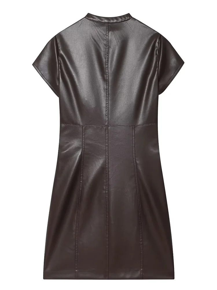 HH Zomer Vrouwen 2026 Mode Rits Ronde Kraag Kunstleer Mini Jurk Vrouwelijke High Street Casual Korte Mouw Jurk