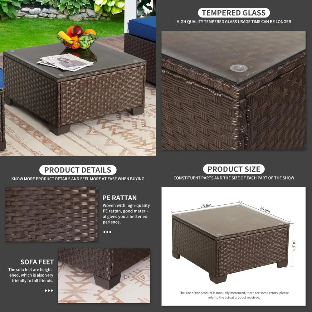 

Outdoor Wicker Square Side Table with Tempered Glass Top, Brown for Garden and Patio