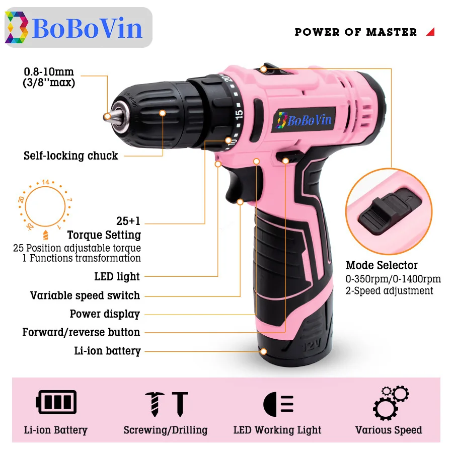 12V Cordless Drill Electric Screwdriver Rechargeable Wireless Power Driver DC Lithium-Ion Battery Household Pink