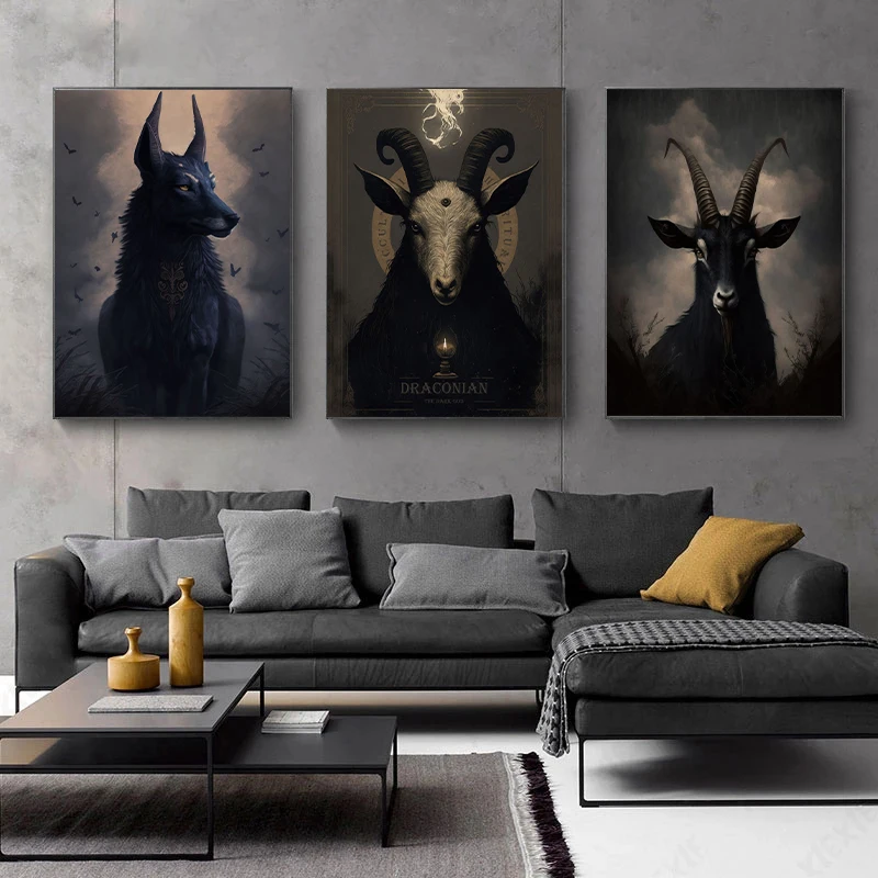 Horror Dark Gothic Art Animal Poster Anubis Deer Black Goat Canvas Printing Prints Wall Art Picture for Living Room Home Decor