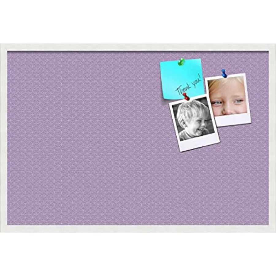 

36x24 Inch Cork Bulletin Board. This Decorative Framed Pin Board Comes with Purple Circles Design and a Satin White Frame Frame