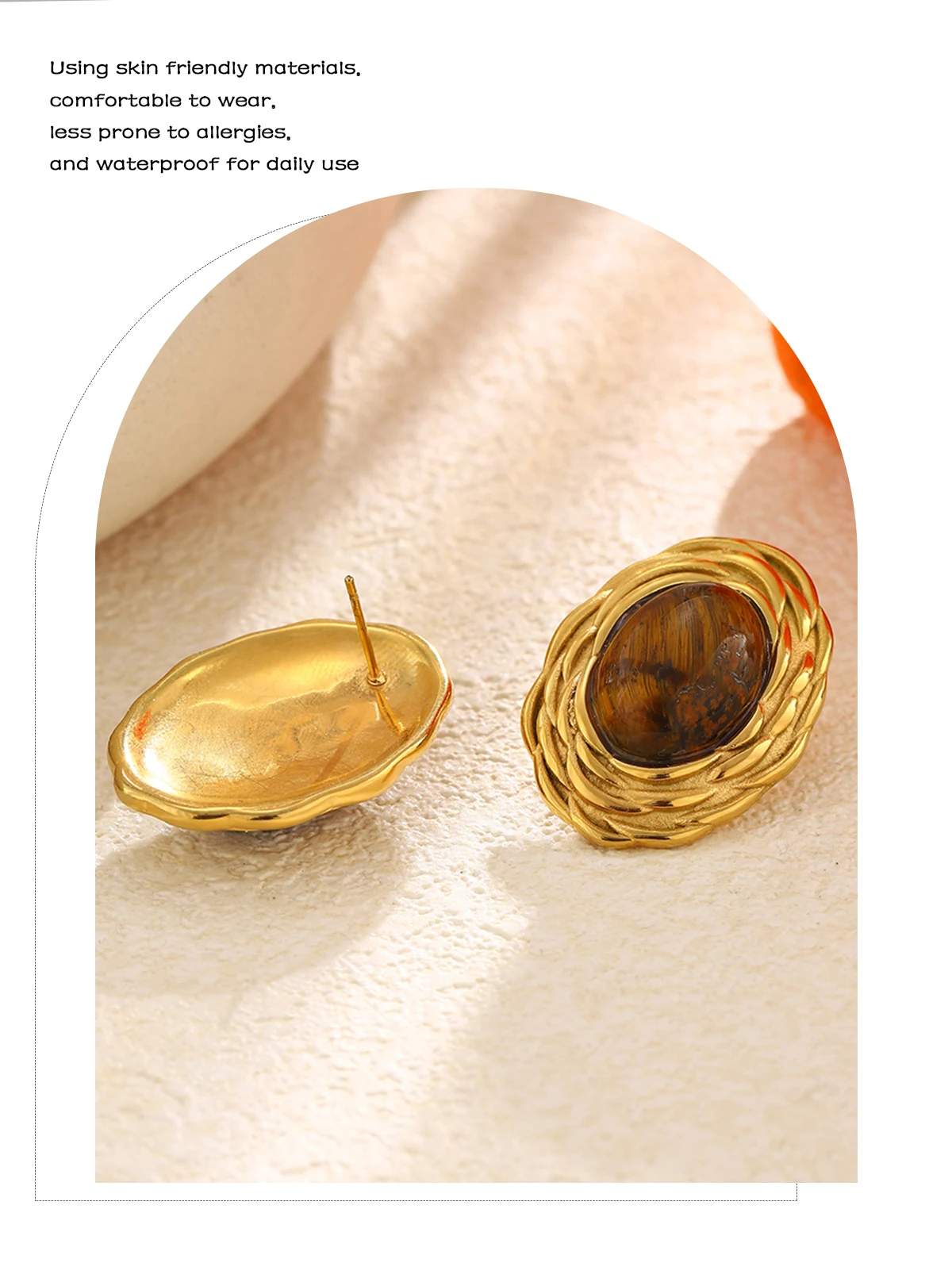 E.B.belle Retro Ovale Tigerauge Ohrstecker 18K Vergoldeter Edelstahl Ohrringe Luxus-Schmuck für Frauen Ohrring Geschenk – Detail 5