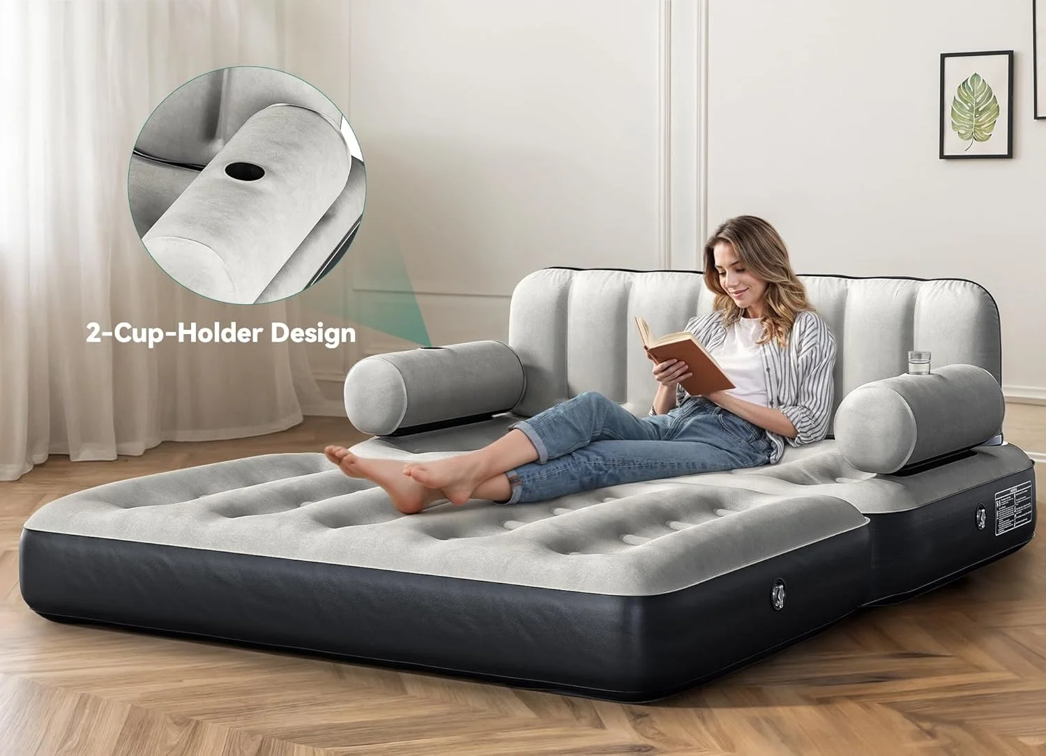 Queen Size Air Sofa Bed Mattress With Headboard And Pump, Blow Up Couch Inflatable Bed For Home Living Room