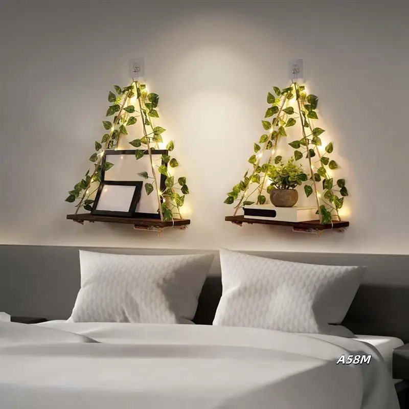 

Floating Shelves For Wall No Drilling,Wall Dcorations Art,Hanging Shelf,Leaves And Light Strip For Home 2Pack