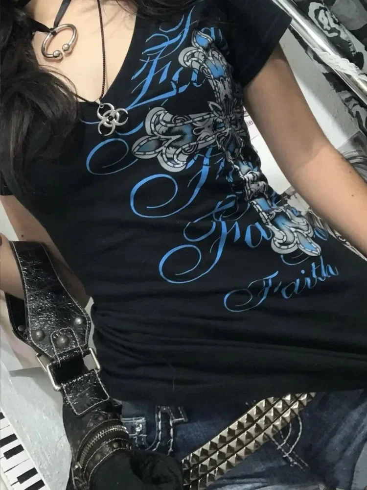 

Blue Printed Cross Short Sleeved T-shirt Fashion Sexy Slim Fit Crop Top Tee Shirt 2025 Summer New Y2k Dark Academia Clothes